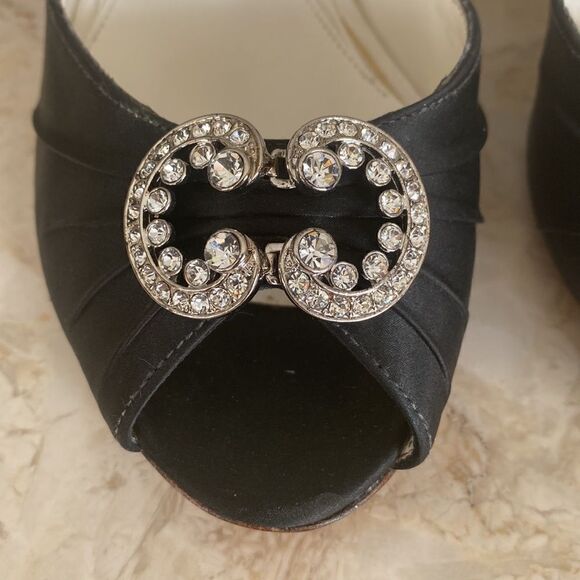 Benjamin Adams London Black Satin & Swarovski Crystals Peep Toe Evening Heels - Picture 5 of 16